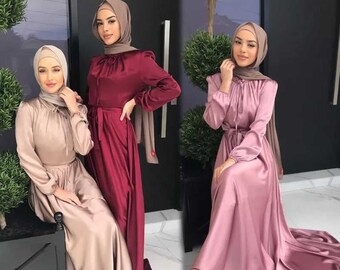 Luxury Satin dress Dubai Abaya style modest dress for women High waist Turkish Arab Wedding dress Kaftan maxi dress Graduation dress