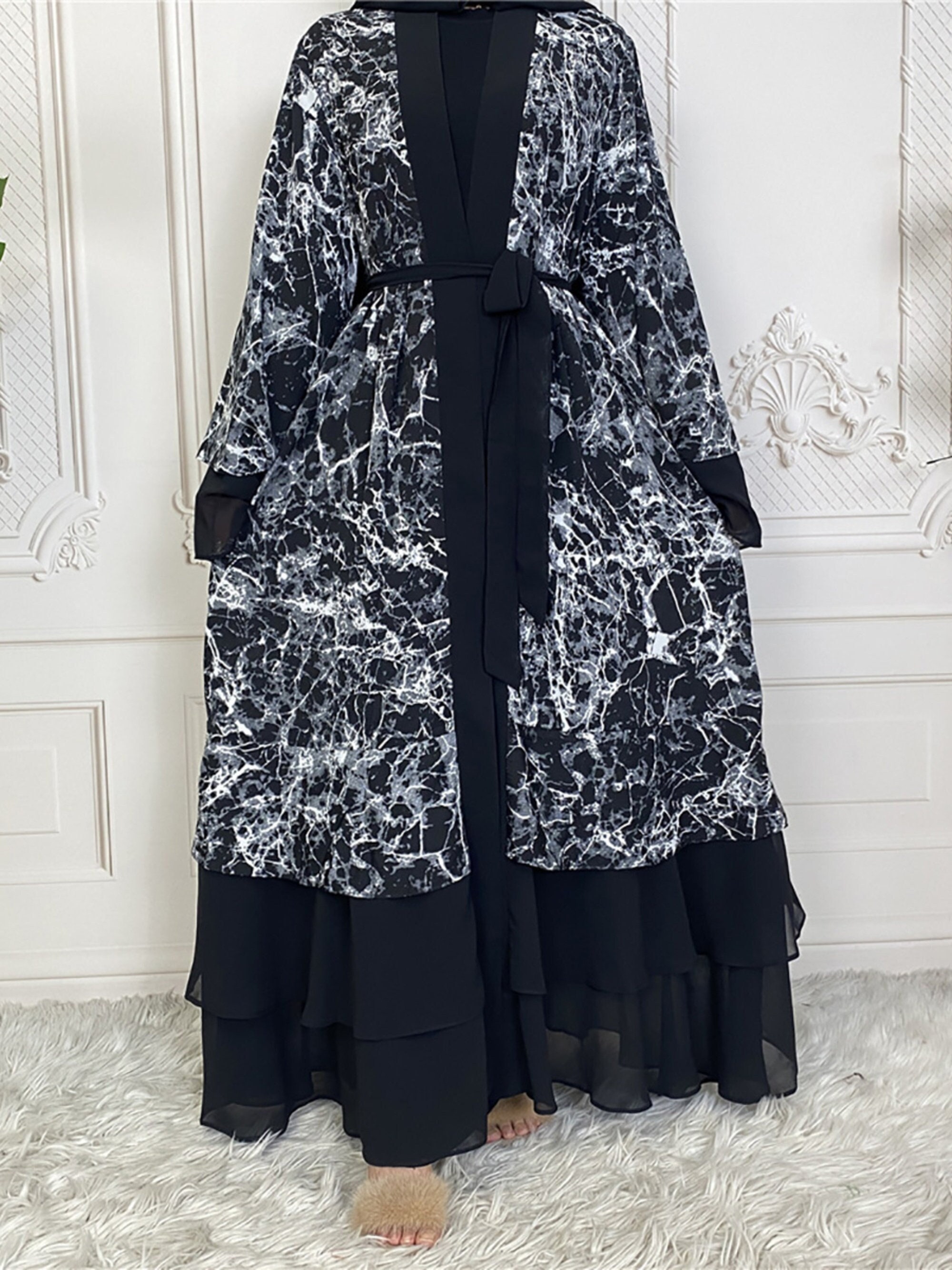 Floral Print Abaya Kimono Hijab Dress Women Open Abayas Dubai
