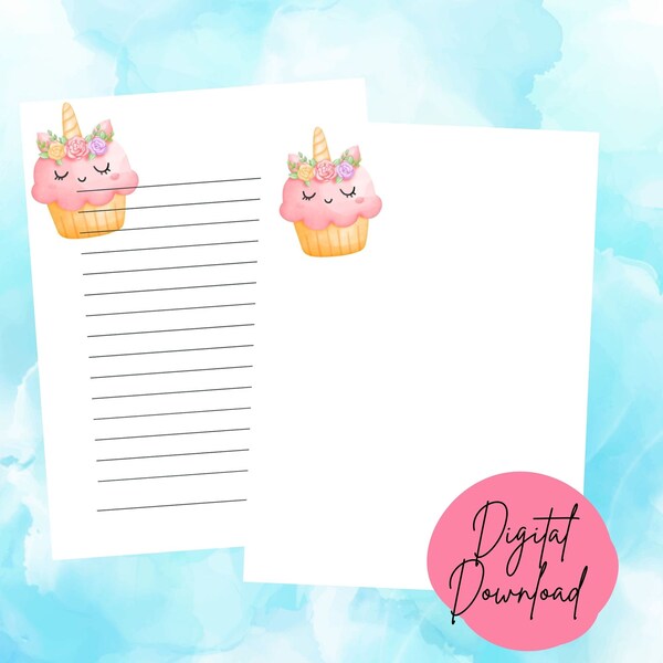 fancy paper for letter writing Unicorn| Cupcake| Lined & Unlined| A4, 8.5x11| Letter Paper | Digital Download| Letter| Writing Paper