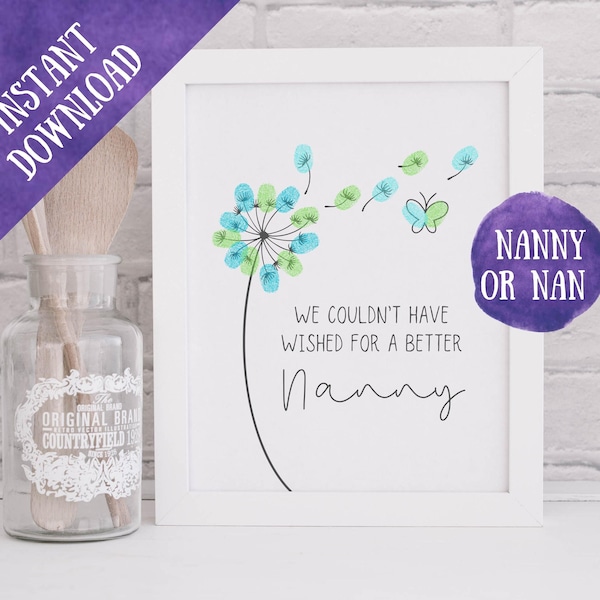 Printable Fingerprint Art, Couldn't have wished for a better Nanny Nan, Birthday, Mothers Day, Get well, Handprint Gift, DIY Craft, Keepsake