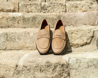 Ladies Beige Tan Suede Leather Loafer Flat Slip On Shoes - Heather