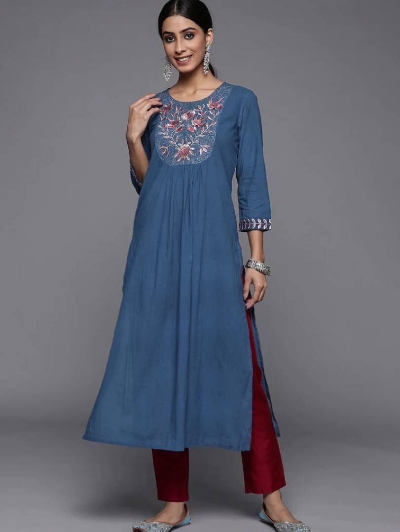 Blue Embroidered Denim Plus Size kurta