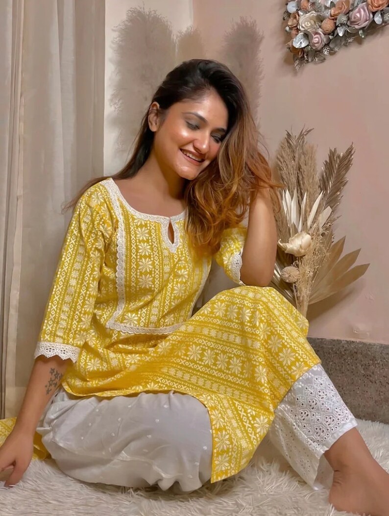 Women’s Yellow Cotton Short Kurti | Straight Fit Casual Ethnic Top with 3/4 Sleeves & Button Neck