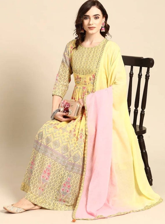 Maxi Dress Women Yellow Peach Colour Floral Printed Cotton Maxi