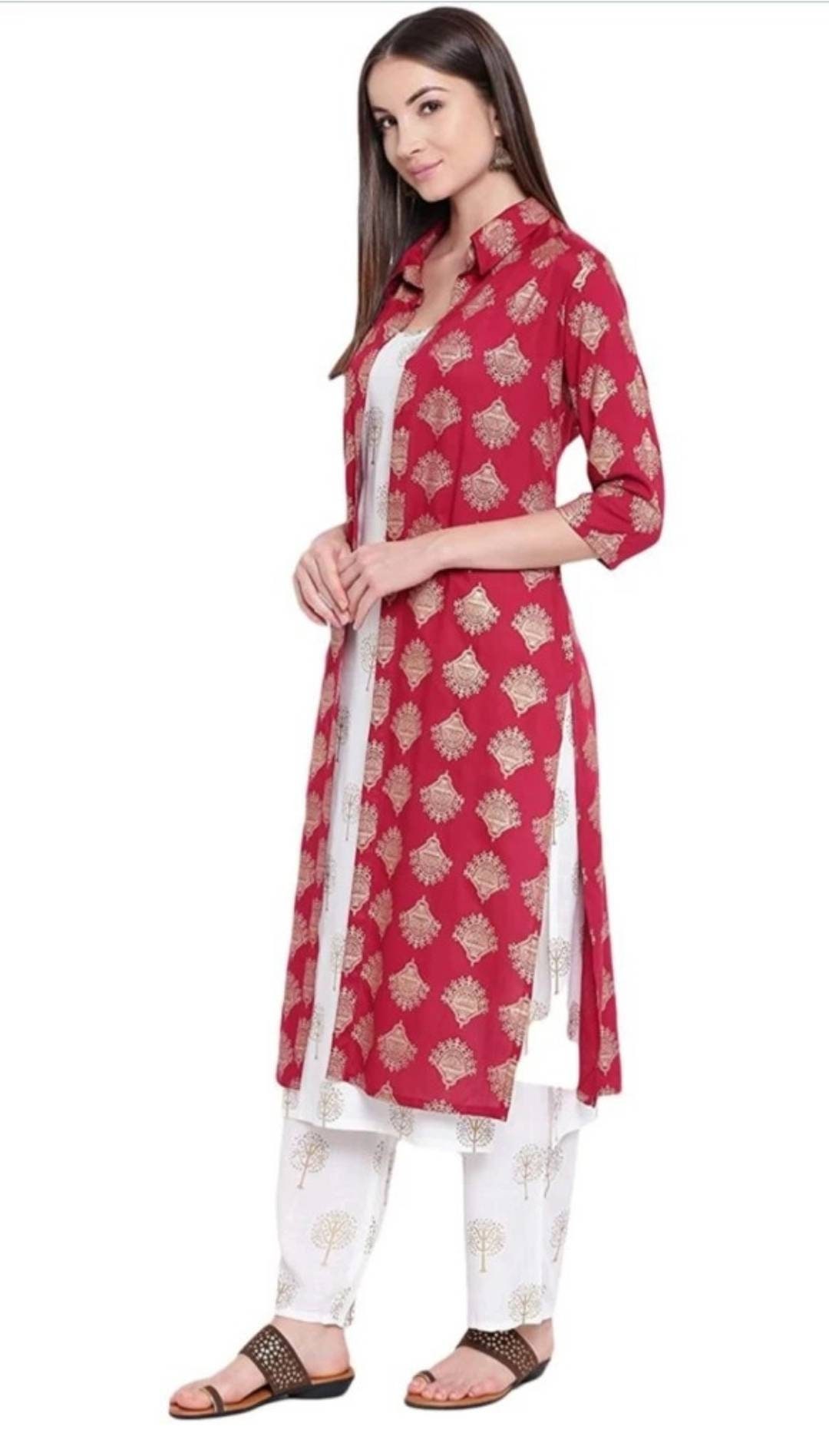 Women Shrug Style Kurta Set White & Blue/ Red Ethnic Golden Etsy