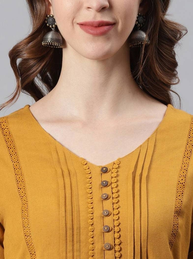 Tunic Wear for Women Mustard Yellow Self Design Cotton Regular Straight ...