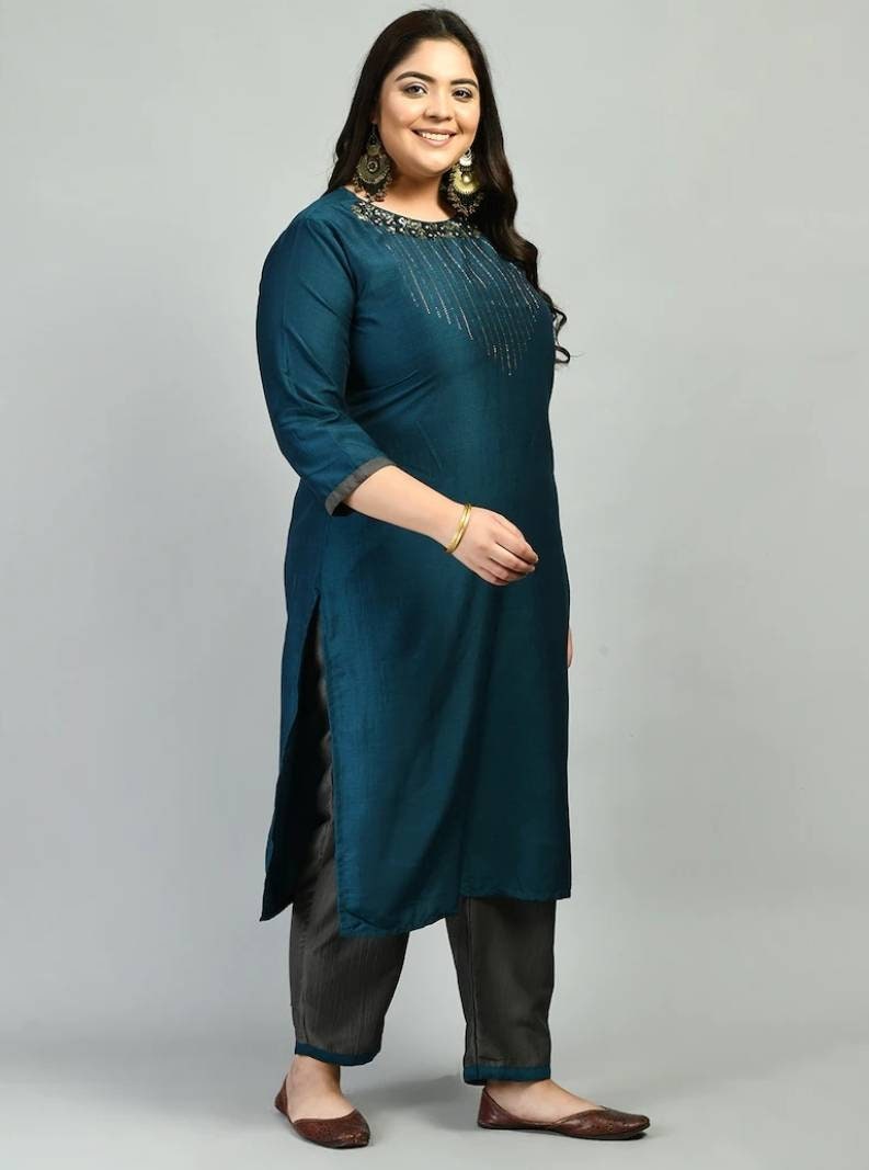 Women'S Double Layered Blue And Cream Rayon Kurta Plus Size main image 1