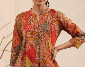 Tunique pour femme • Adorable haut tunique long plissé en coton à imprimé abstrait • Haut trapèze - Haut et t-shirts ethniques.Taille : XS àXXL