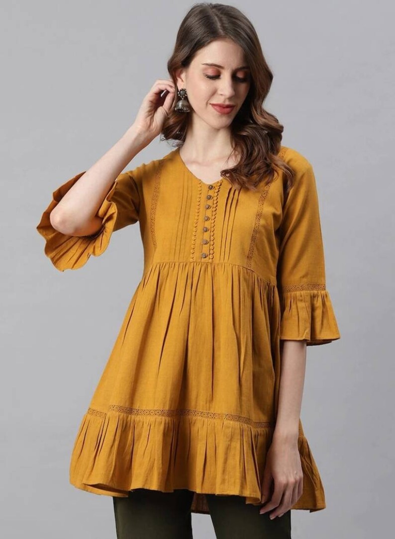 Tunic Wear for Women Mustard Yellow Self Design Cotton Regular Straight ...