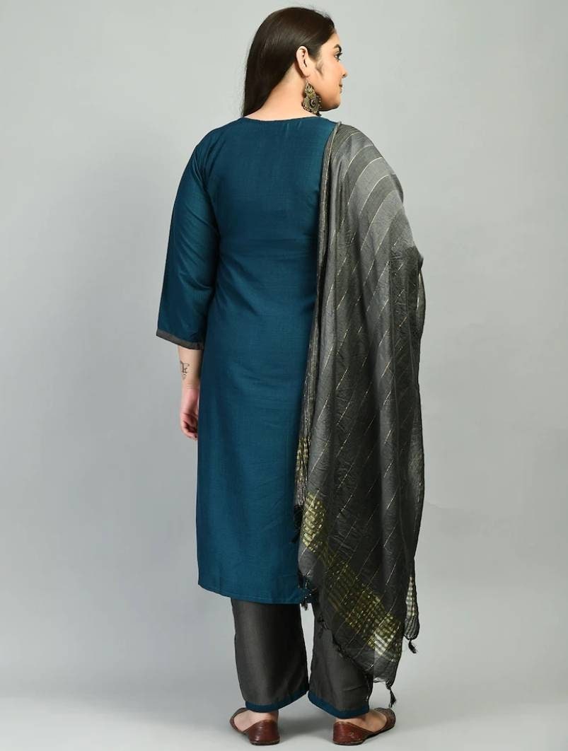 Women's Navy Blue Dyed Regular Beads And Stones Kurta Set With Dupatta