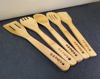 Ustensiles de cuisine en bois de bambou personnalisés I Ensemble de 5 I Ensemble de couverts