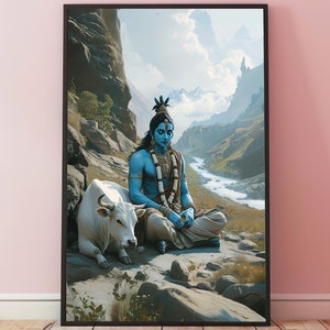 Gopala Print, Krishna Madhava Wall Art, Krishna Painting, Krishna Art, Kamdhenu Cow Art, Indian Art, Indian Painting, Hindu God Print
