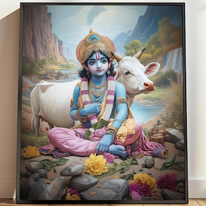 Printable Child Krishna with Kamdhenu Art, Gopala Art, Krishna Art, Hinduism Printable, Hindu God Art, Indian God, Krsna Krishna Painting