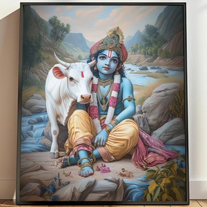 Printable Child Krishna Art, Kamdhenu Cow Art Gopala Art, Krishna Art, Hinduism Printable, Hindu God Art, Indian God, Krsna Krishna Painting