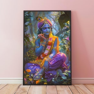 May include: A painting of a Hindu deity, Krishna, playing a flute. He is sitting in a forest setting with lush green foliage and flowers. He is wearing a blue and purple robe with a yellow sash and a crown of flowers.