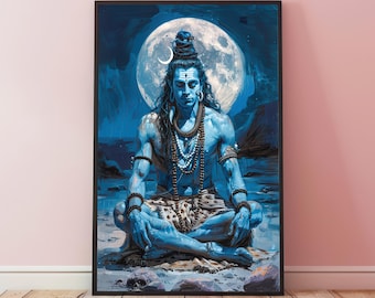 Peut inclure: Une peinture bleue de Shiva, une divinité hindoue, méditant en position de lotus avec une pleine lune derrière lui. Il porte un collier de perles et une peau de tigre.
