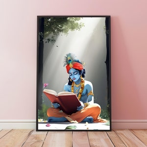 Lord Krsna with Bhagavad Gita Poster, Lord Krishna Art, Krishna Painting, Meditation Room Decor, Yoga Art,Indian Hindu God Art,Krishna Print