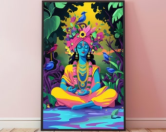 Lord Krishna Psychedelic Art Print, Spiritual Gift, Krishna Trippy Art, Hindu God Art, Hindu Wall Art, Meditation Art Print, Yoga Art