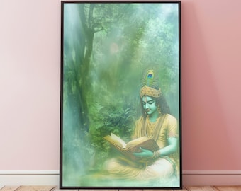 May include: A painting of a man with a peacock feather in his hair, sitting in a forest and reading a book. The man is wearing a yellow robe and has a blue face.