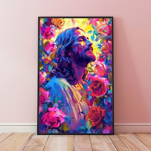Impresión de arte del Rosario de Jesús, decoración cristiana del hogar, arte floral de Jesús, arte colorido de Jesús, regalo de la Biblia, cartel de Jesús, arte religioso de la pared