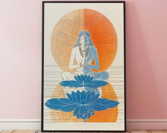 Arte estético azul sereno de la diosa Laxmi, arte de la diosa hindú, pintura india, decoración de la sala de meditación, arte mural de yoga, regalo espiritual
