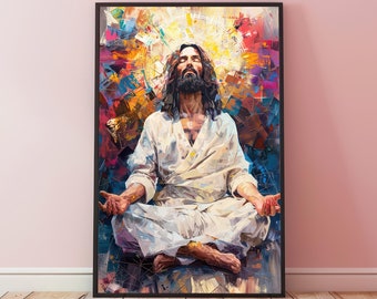 Jesus Psychedelische Art Print, Jesus Spiritualität Malerei, Jesus Meditieren, Jesus Wandkunst, Yoga Trippy Jesus Poster