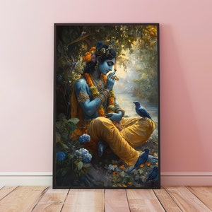 Krishna Poster, Hindu Gods Print, Hindu Painting, Krishna Painting, Hindu Gift, Indian Art, Indian Home Decor, Hindu Framed Poster