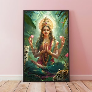 Goddess Durga Print,Hindu Decor,Yoga Wall Art,Meditation Gift,Religious Wall Art,Lotus Prayer,Hinduism Painting,Spiritual Gifts,Durga Poster