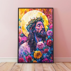 Colorful Jesus Art Print, Spiritual Gift, Religious Home Decor, Jesus Roses Painting Christian Gift, Jesus Floral Portrait, Jesus Poster