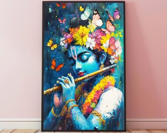 May include: A colorful painting of a Hindu deity playing a flute. The deity is surrounded by butterflies and flowers. The painting is done in a vibrant style with blue, green, yellow, and pink colors.