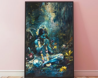 Krishna in Forest Wall Art, Indian Art, Hindu God Art, Hindu Wall Art, Meditation Room Decor, Yoga Wall Art, Lord Krishna Poster
