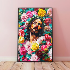 Jezus bloemenkunstdruk, bijbelcadeau, housewarmingcadeau, religieuze kunst, christelijke muurkunst, Jezus poster, Jezus rozenkrans kunst