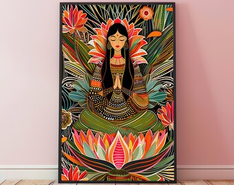 Arte floral psicodélico de la diosa Lakshmi, arte trippy de la diosa Laxmi, decoración de Lakshmi, impresión de dios hindú, pintura de dios indio, arte de pared hindú