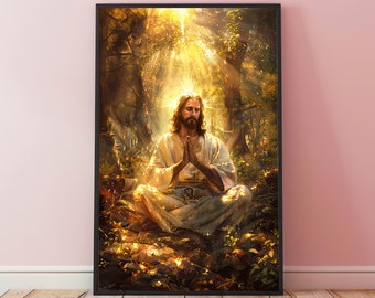 Jesus spiritueller Wald Kunstdruck, religiöses Geschenk, meditierender Jesus, Jesus meditieren, Yoga Geschenk, Christusbewusstsein Poster