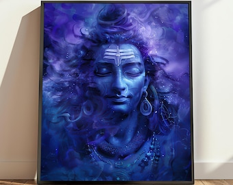May include: A digital painting of a Hindu deity, Shiva, with a blue face and long, flowing hair. The background is a swirling mix of blue and purple.