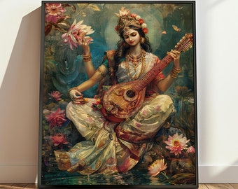 Goddess Saraswati Digital Art Print - Divine Veena Player, Hindu Deity Illustration, Spiritual Wall Decor, Religious Gift Idea