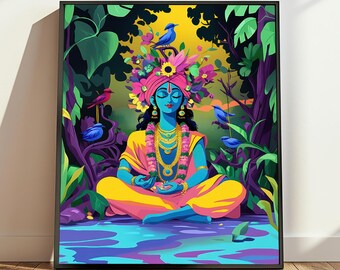 May include: A colorful illustration of a Hindu deity sitting in a meditative pose with a flower crown and a garland of beads. The deity is surrounded by lush greenery and birds.