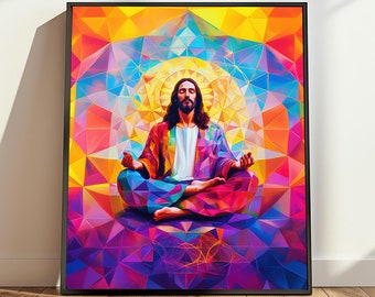 Jesus Psychedelic Poster Art Print, Meditating Jesus Prayer Gift, Christ Consciousness Spiritual Decor, Yoga Art, Jesus Digital Download