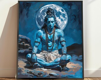 May include: A blue-skinned Hindu deity, Shiva, sits in meditation with his eyes closed. He is adorned with a beaded necklace and a crescent moon on his forehead. The background is a dark blue sky with a full moon and stars.
