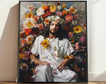 Jesus Flower Meditation Art, Jesus Spiritual Art, Christian Home Decor, Spiritual Gift, Christian Printables, Jesus Digital Download