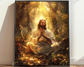 Printable Jesus Christ Forest Meditation Art, Jesus Yoga Decor, Meditating Jesus, Jesus Prayer Art, Christian Printables, Meditation Gift