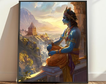 May include: A painting of a blue-skinned Hindu deity sitting on a stone ledge overlooking a city. The deity is wearing a yellow and purple robe and a crown of feathers. The city is in the background and is surrounded by mountains.