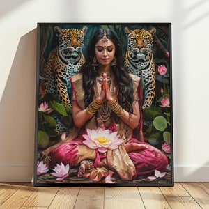 Goddess Durga Prayer Art, Forest Meditation Art, Indian Hindu Goddess Altar Photo, Hindu Gift, Indian Painting, Maa Durga Digital Download