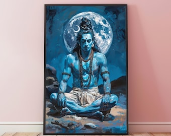 May include: A blue painting of a Hindu deity, Shiva, meditating in a lotus position with a full moon behind him. He is wearing a beaded necklace and a white cloth.