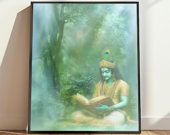 May include: A painting of a Hindu deity, Krishna, sitting in a forest setting. He is wearing a blue and gold robe and a peacock feather headdress. He is holding a book in his hands.
