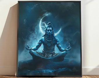 May include: A blue and white illustration of Shiva, a Hindu deity, meditating in a lotus position with a crescent moon behind him.