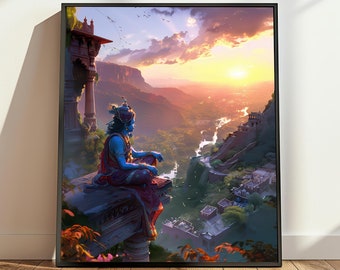 May include: A digital painting of a blue-skinned figure sitting on a stone ledge overlooking a valley. The figure is wearing a red and blue robe and has a crown on their head. The valley is filled with lush green trees and a river winding through it. The sky is a vibrant orange and pink, with the sun setting in the distance.