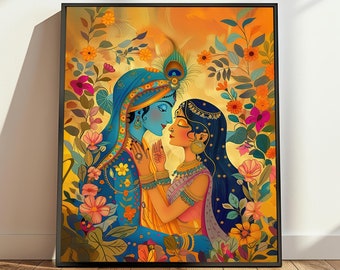 May include: A colorful illustration of a couple embracing in a garden setting. The woman is wearing a pink and gold outfit with a blue headpiece, while the man is wearing a blue and gold outfit with a peacock feather headdress. The background is filled with vibrant flowers and foliage.