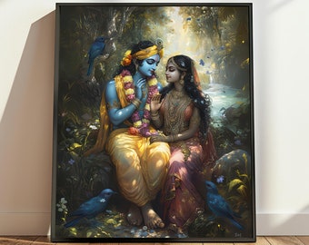 May include: A painting of Krishna and Radha in a forest setting. Krishna is blue-skinned and wears a yellow dhoti, while Radha is wearing a pink and gold sari. They are surrounded by lush greenery and blue birds.
