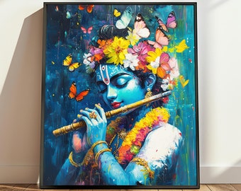 Printable Krishna Painting, Indian Painting, Hindu Gift, Hindu God Art, Indian Traditional Art, Hindu Art, Indian God Digital Download